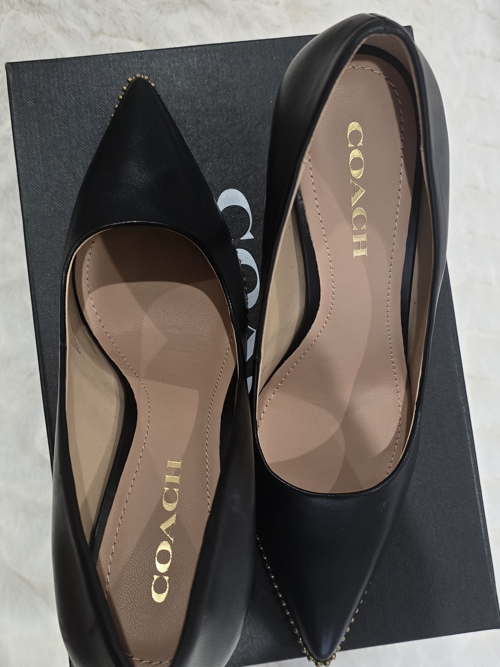 Coach Black Leather Pointed Pumps with Gold Stud Heel Trim